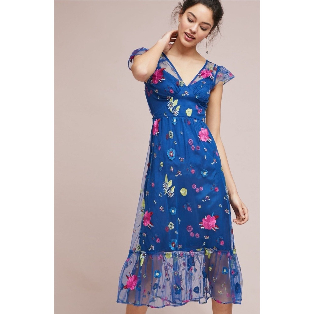 Anthropologie TRACY REESE Midi Dress Size 12P Embroidered Topaz Blue Floral - Picture 1 of 16